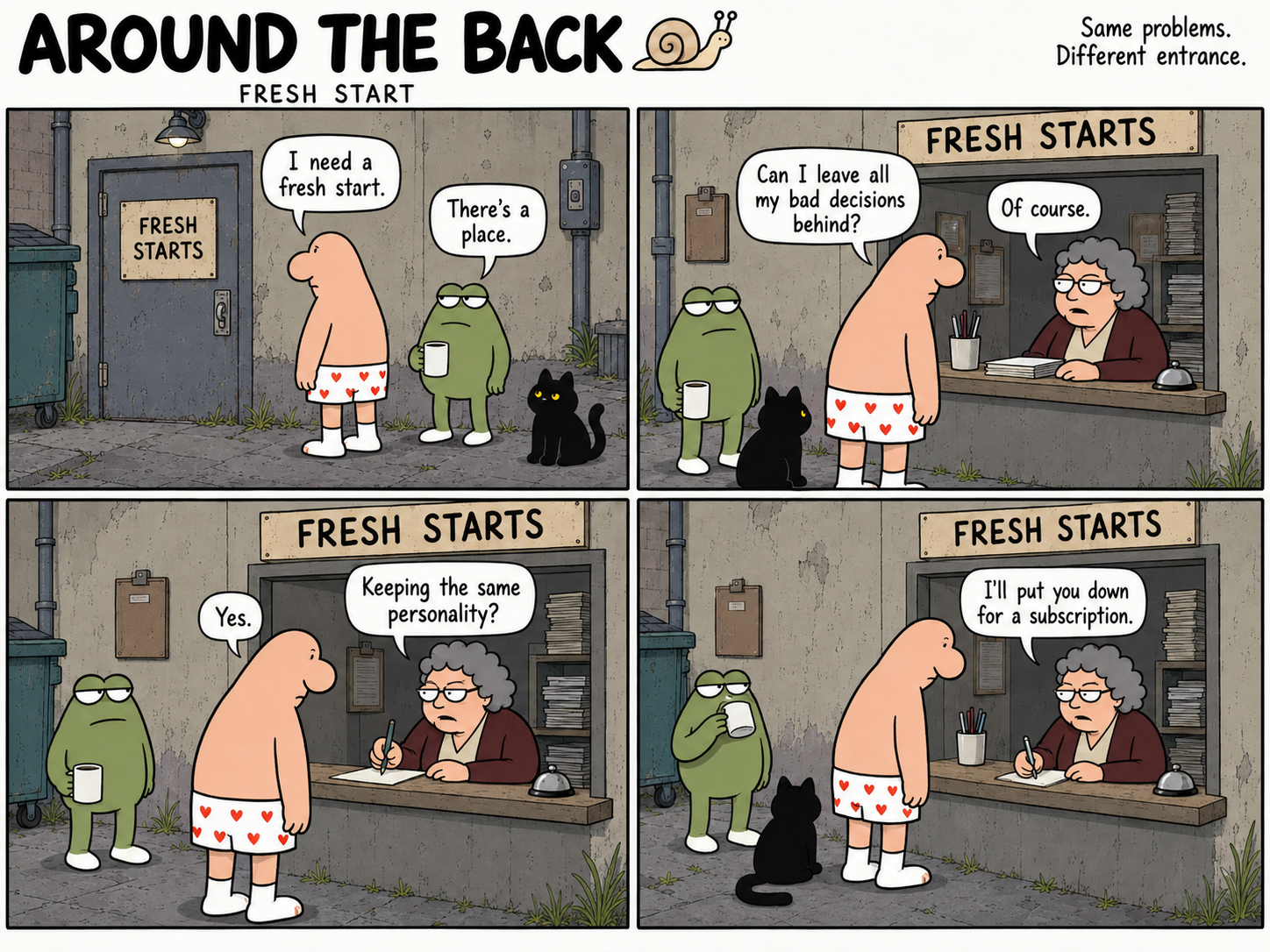 Four-panel comic: a man in heart-patterned boxers, a green frog with a mug and a black cat visit a Fresh Starts counter, where a clerk offers a subscription.