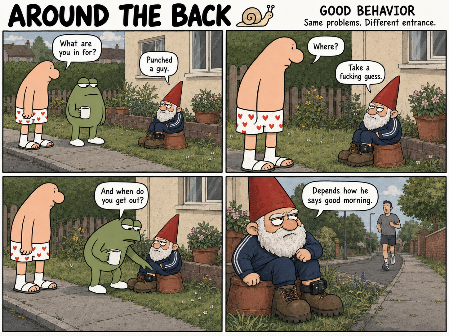Four-panel comic: a man and a green frog meet a short garden gnome in a red hat and tracksuit wearing an ankle monitor.