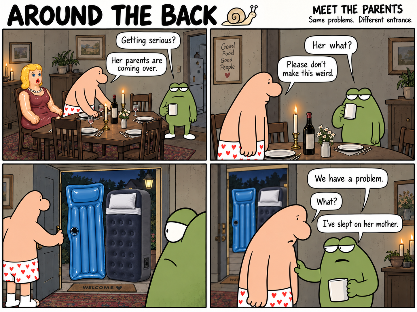 Four-panel comic: a man prepares dinner with an inflatable woman. Her parents arrive as a blue pool lounger and a dark air mattress with a pillow, which the frog recognizes.