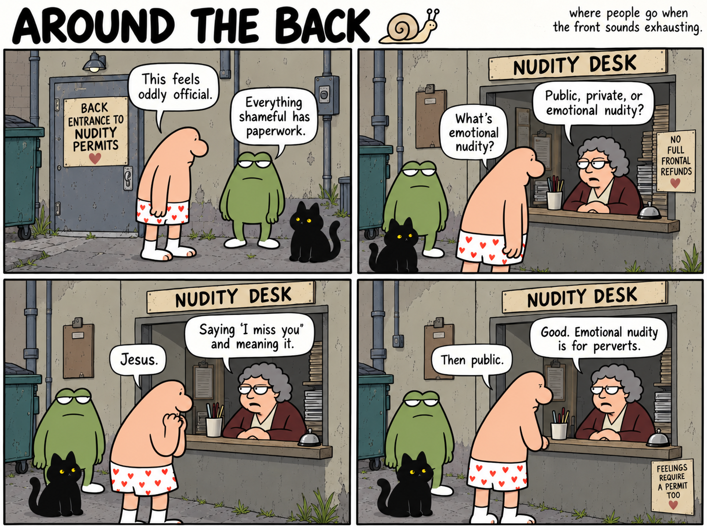Four-panel comic: a man in heart-patterned boxers, a green frog and a black cat visit a Nudity Desk, where a clerk explains emotional nudity.
