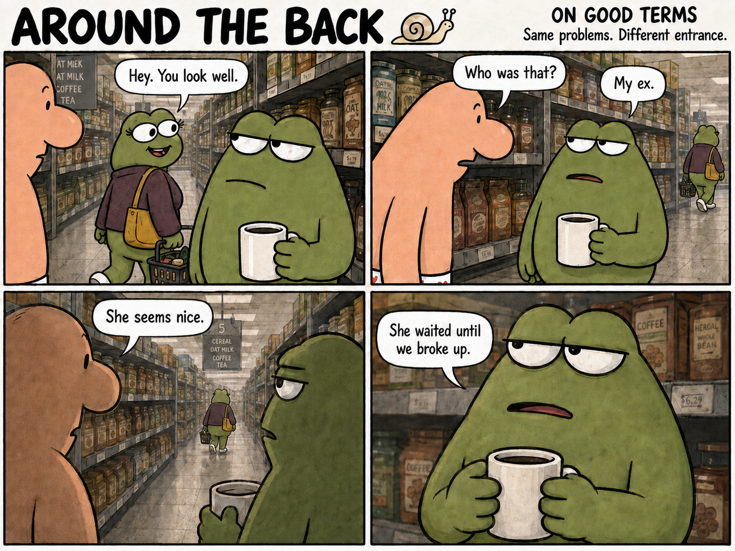 Four-panel supermarket comic: a female frog greets her ex, who explains their history to his human friend while clutching his coffee mug.
