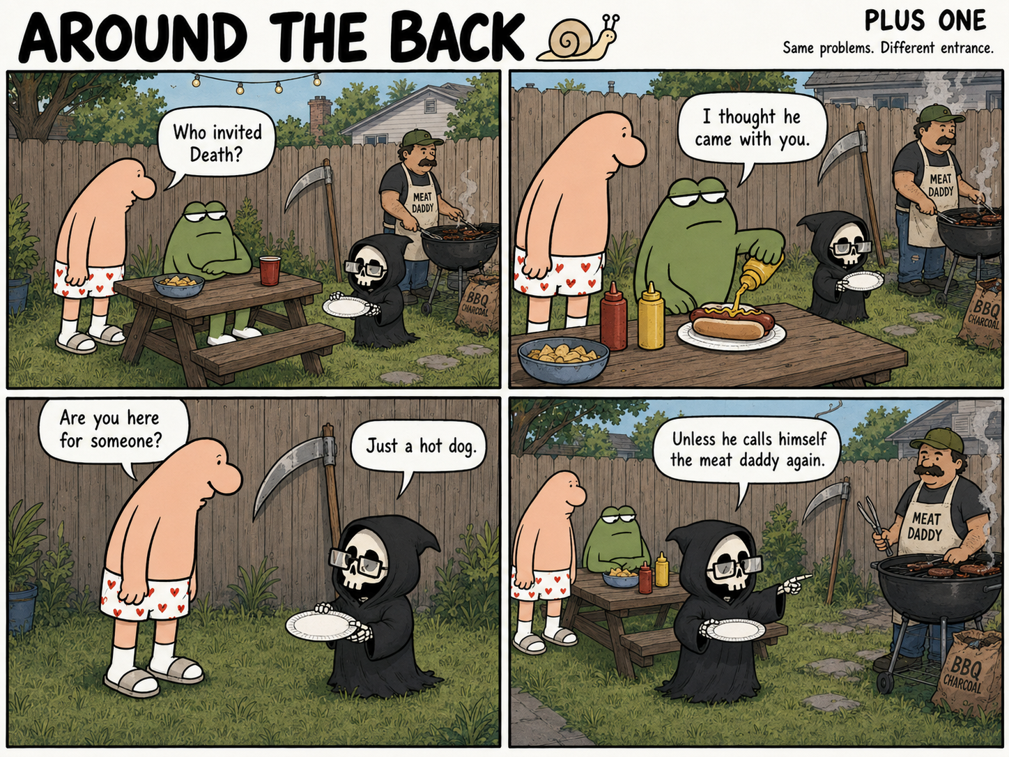 Four-panel backyard barbecue comic: a man and a frog meet a small grim reaper in reading glasses who is waiting for a hot dog.