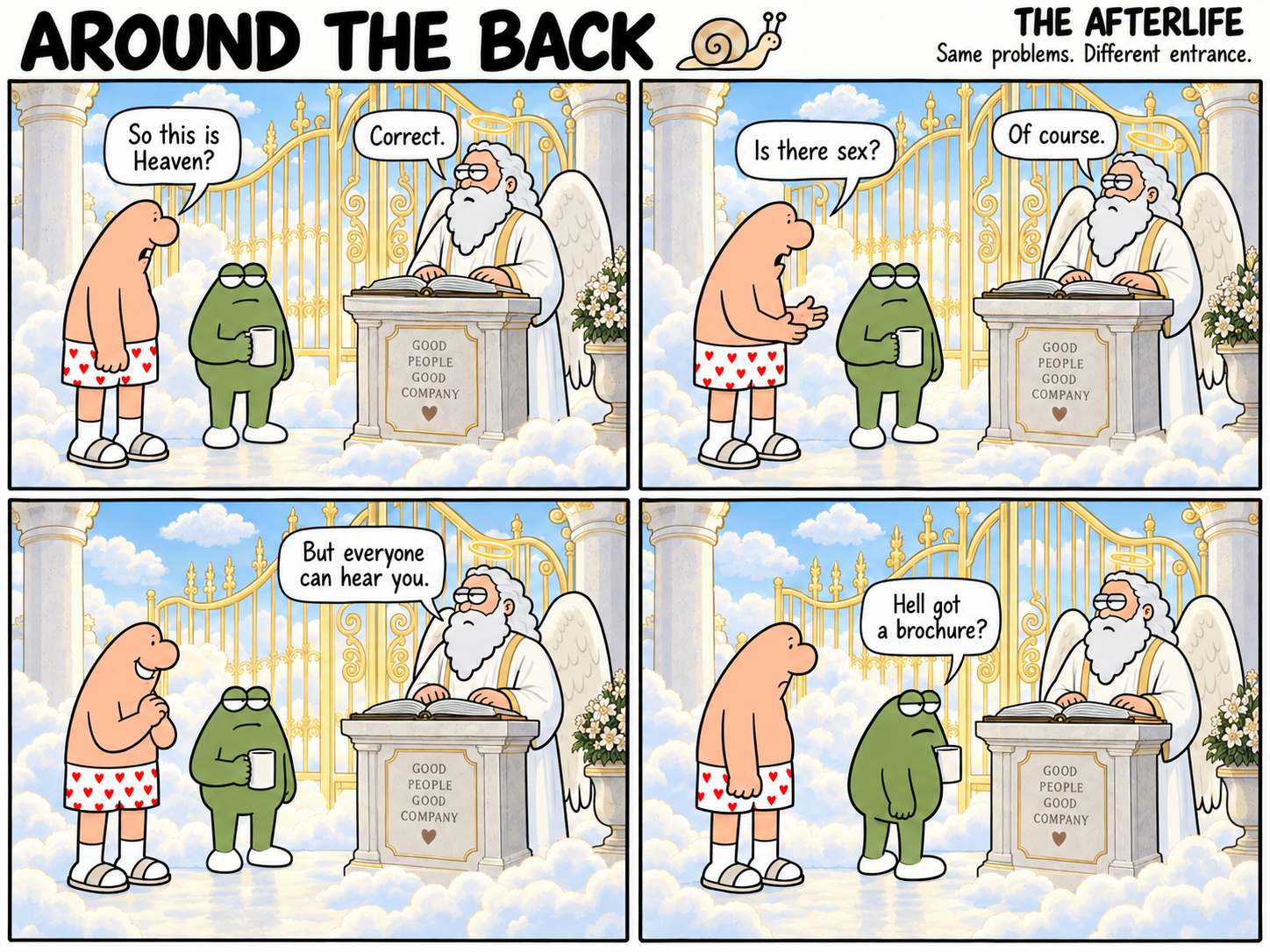 At golden heavenly gates, the man and frog question a bearded angel about the amenities.