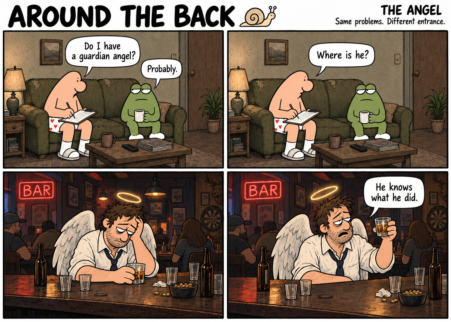 Four-panel Around the Back comic, The Angel. The man wonders where his guardian angel is; the angel is drinking at a bar.