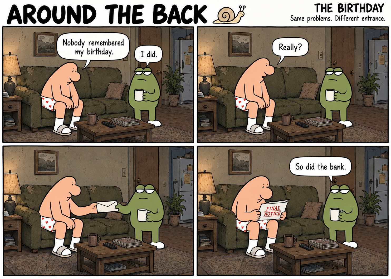 Four-panel Around the Back comic, The Birthday. The frog remembers the man’s birthday with an unwelcome envelope.