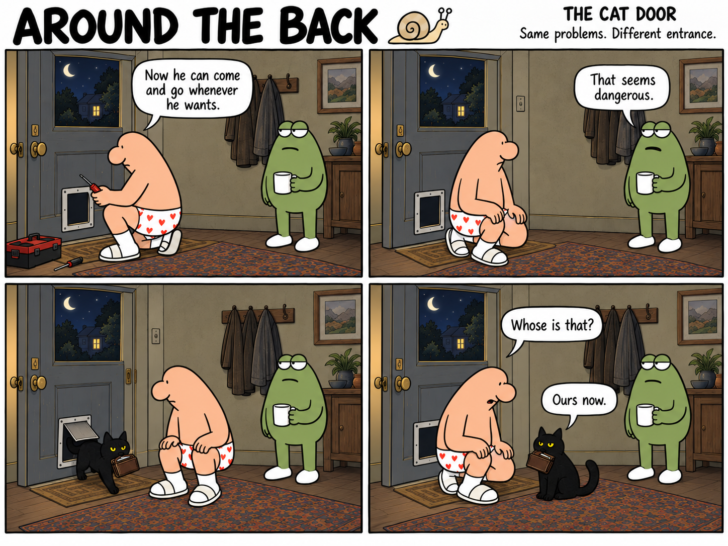 Four-panel Around the Back comic, The Cat Door. The man installs a cat door, and the cat returns with someone else’s wallet.