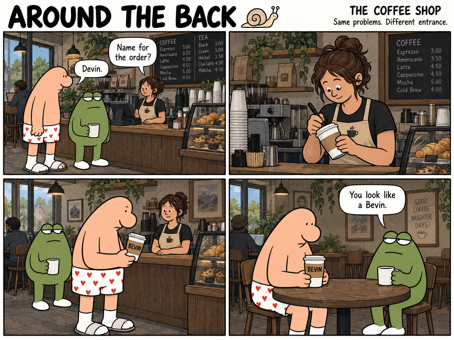 Four-panel Around the Back comic, The Coffee Shop. A barista gives Devin a new name on his coffee cup, and the frog approves.