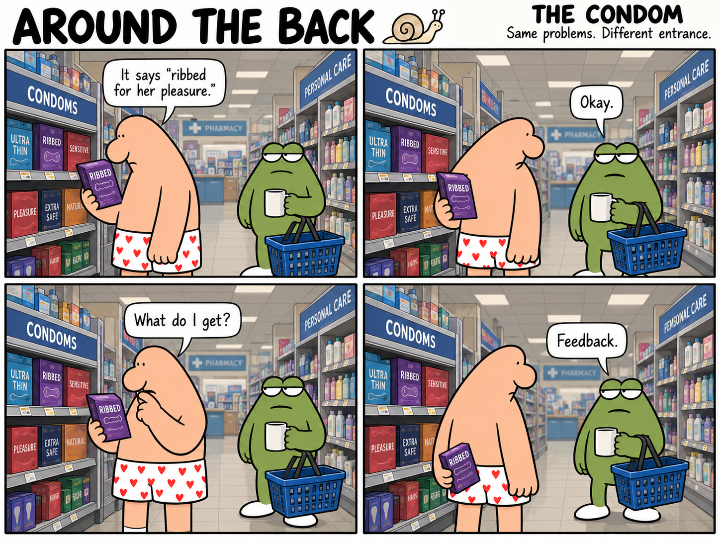 Four-panel Around the Back comic, The Condom. In a pharmacy aisle, the man asks the frog what he gets from a box of ribbed condoms.