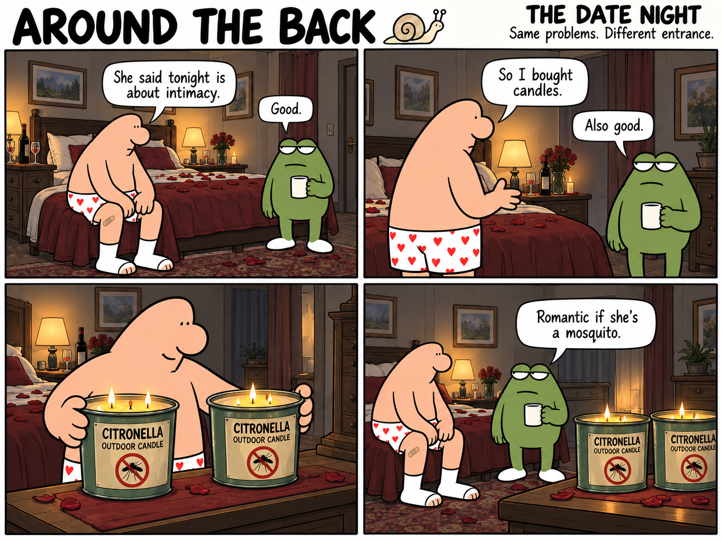 Four-panel Around the Back comic, The Date Night. A man prepares a romantic bedroom with oversized citronella candles.