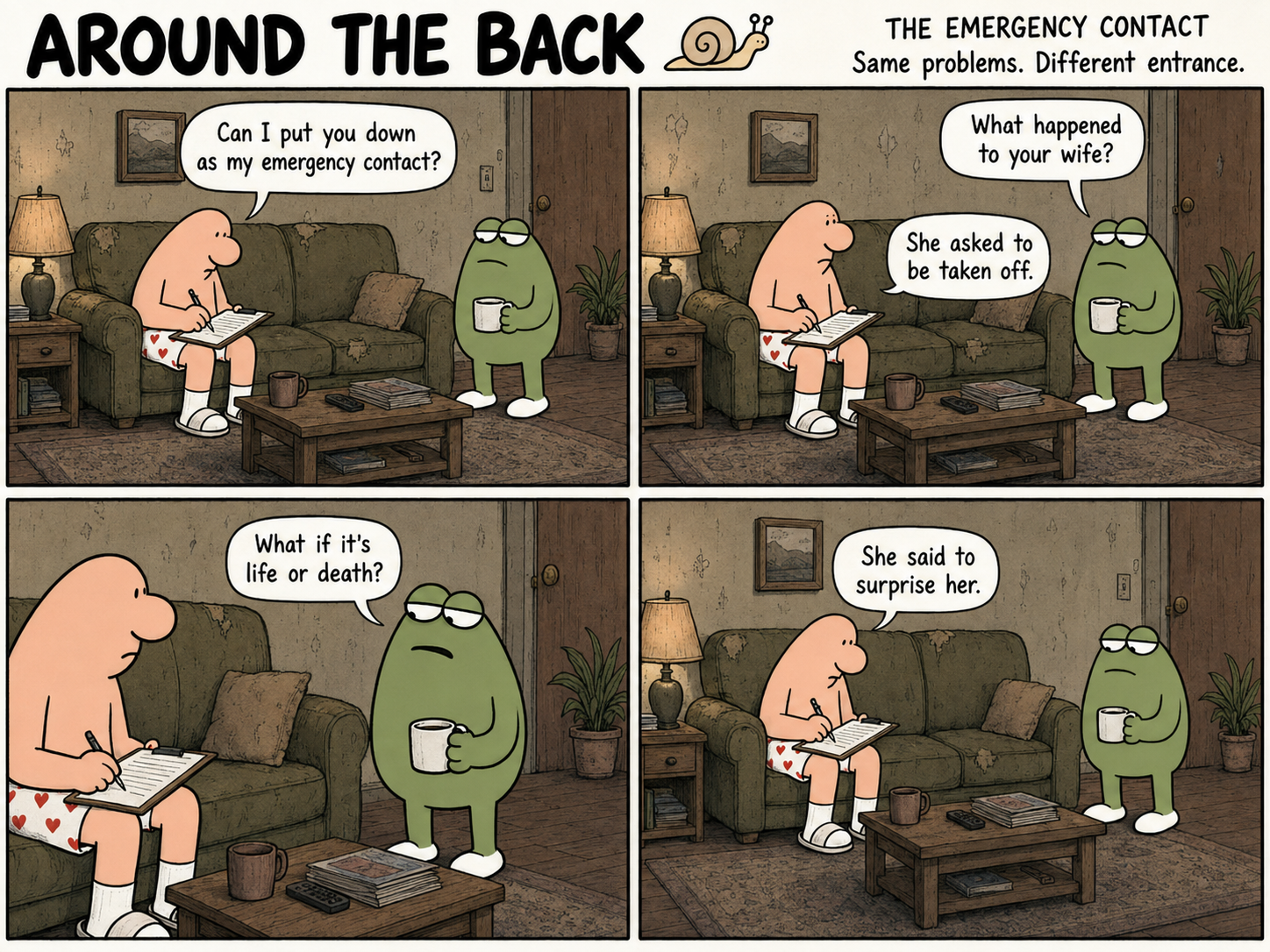 Four-panel comic: a man on a couch fills out an emergency-contact form while talking to a green frog holding coffee.