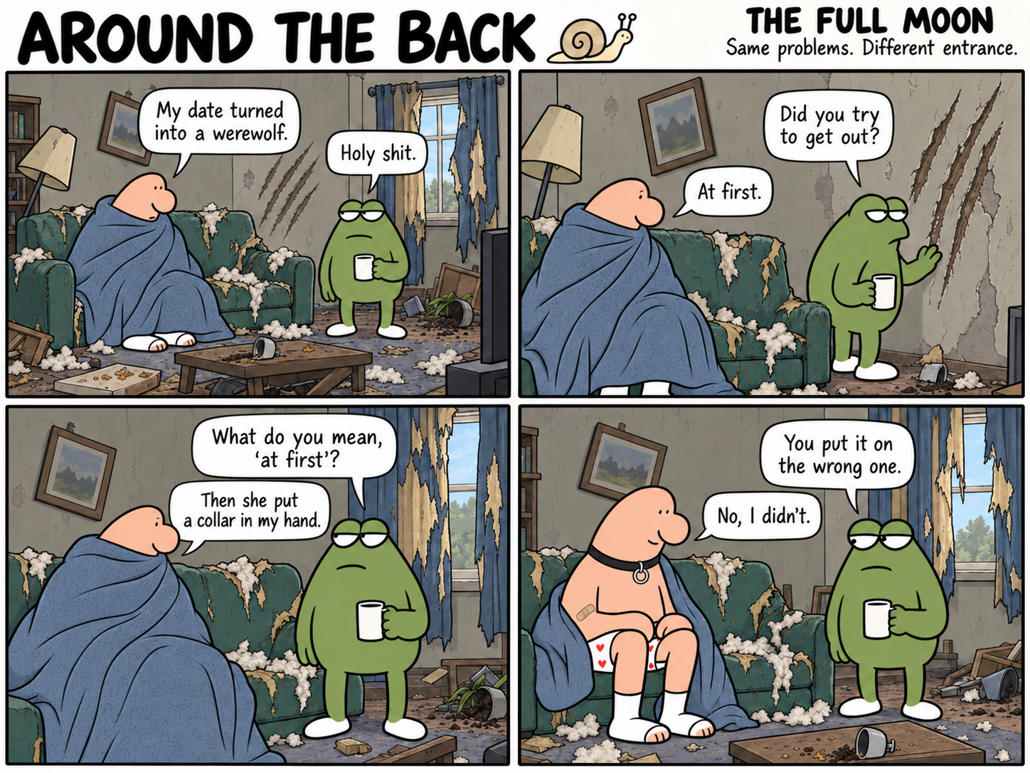 Four-panel comic: a man wrapped in a blanket describes his werewolf date to a green frog in a wrecked living room, then reveals he is wearing a collar.