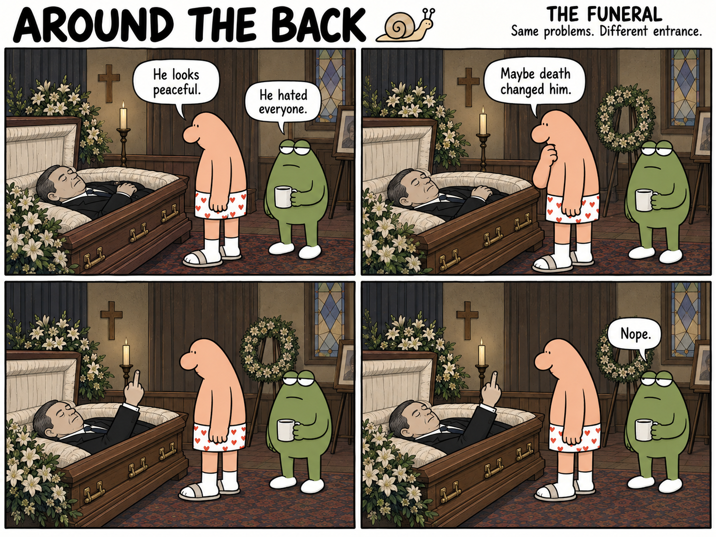 Four-panel Around the Back comic, The Funeral. At an open casket, the man and frog discover that death has not improved the deceased’s disposition.