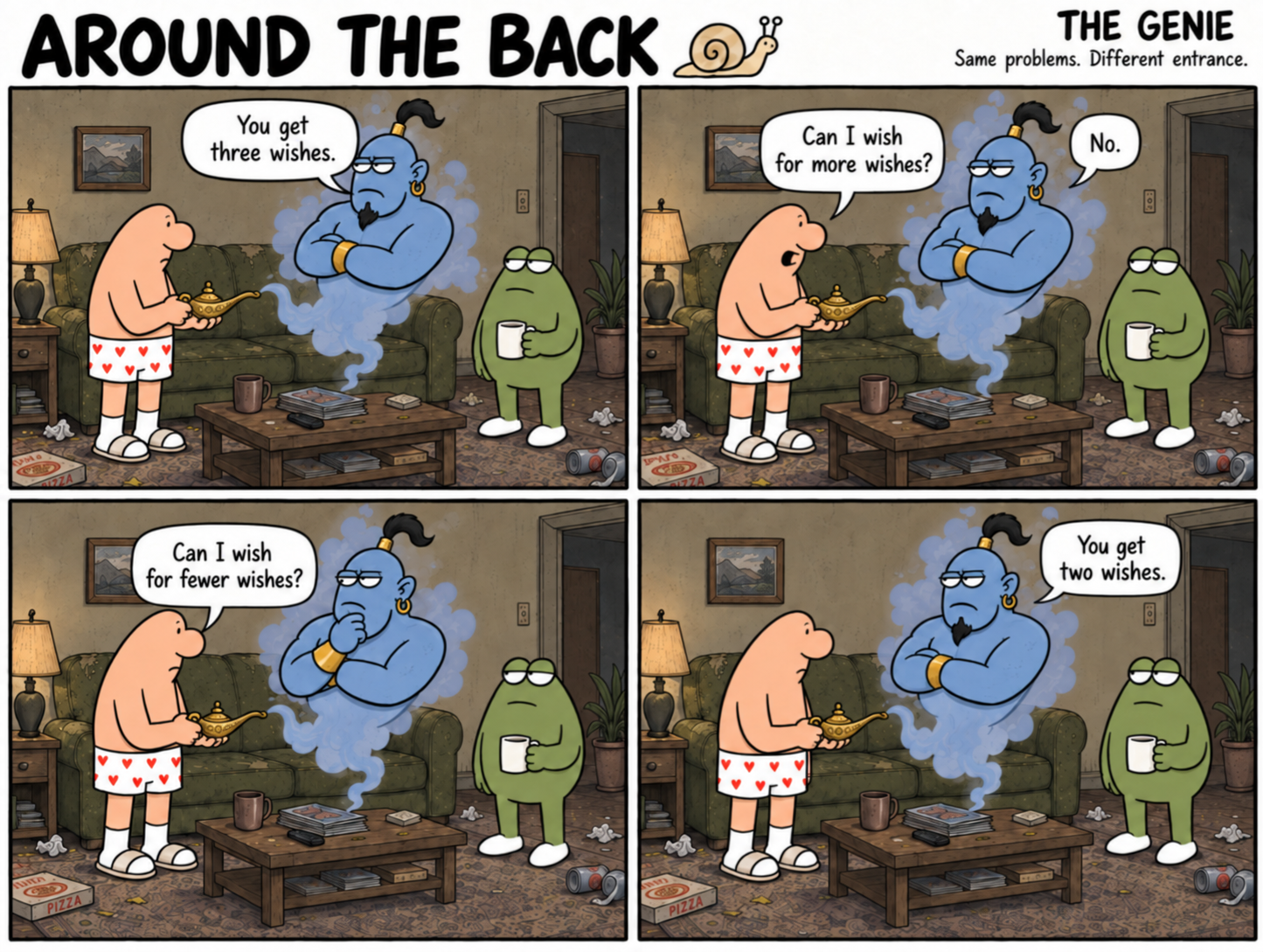 A man holding a magic lamp negotiates with a blue genie while the frog watches.