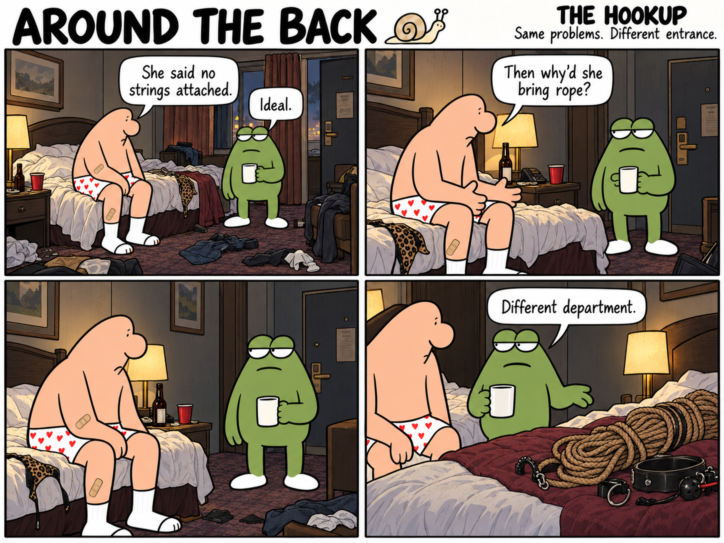 Four-panel Around the Back comic, The Hookup. A man misunderstands what no strings attached means after a hookup.