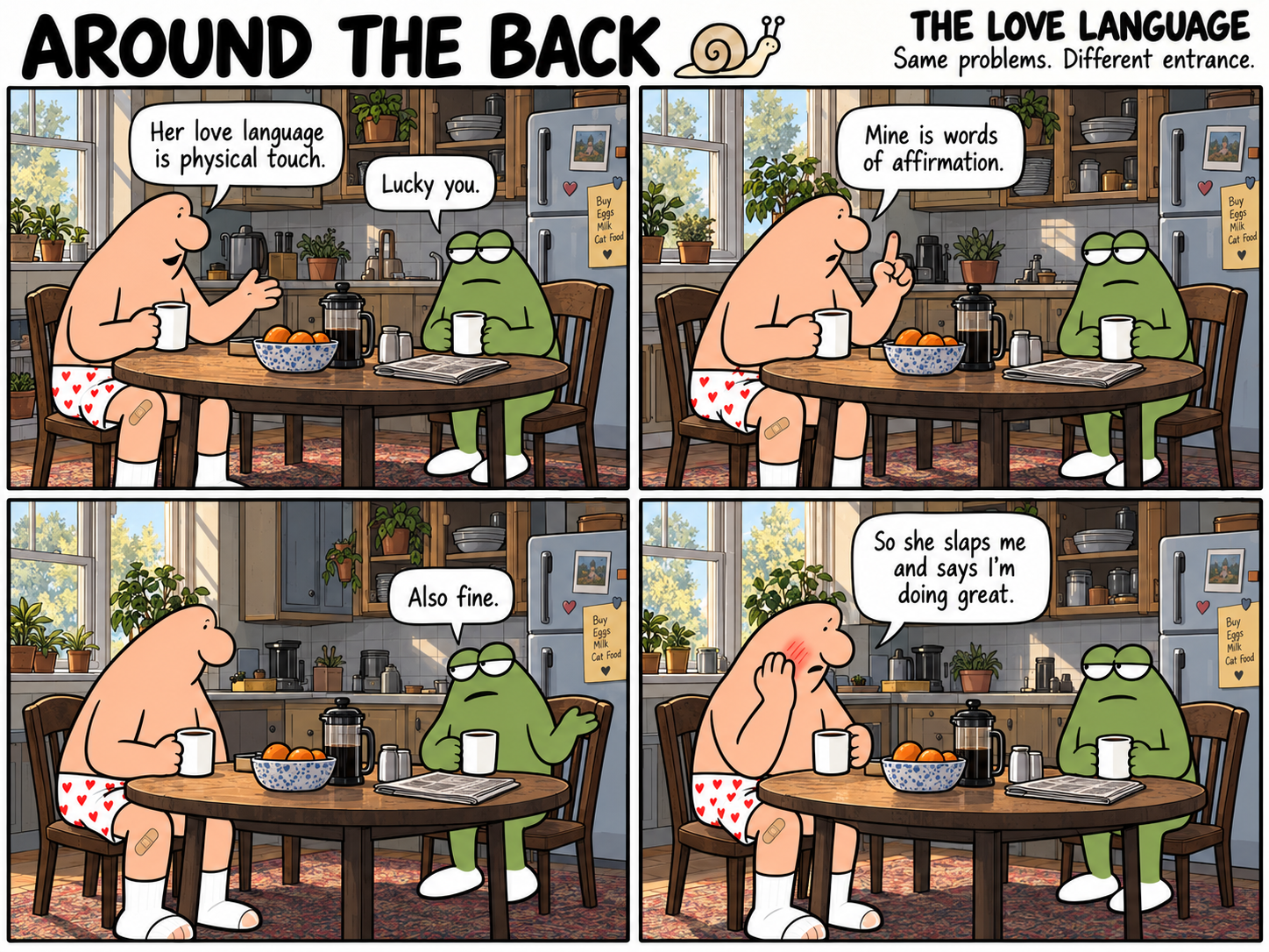 Four-panel Around the Back comic, The Love Language. At the kitchen table, the man explains how his partner combines two love languages.
