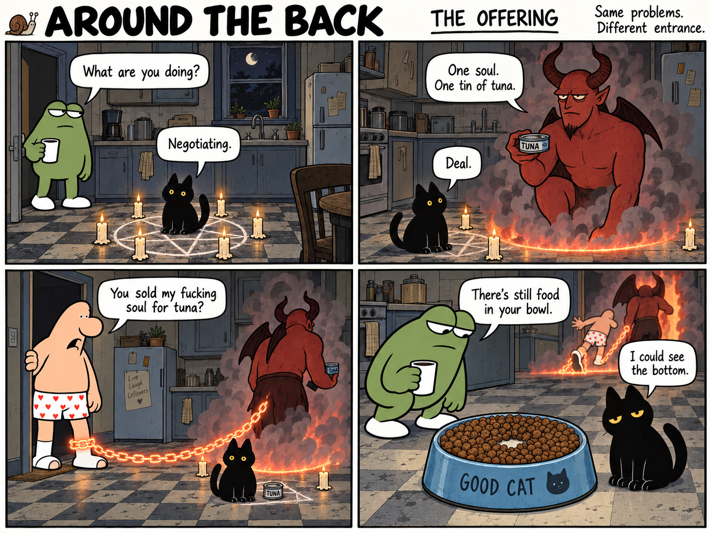 Four-panel comic: a black cat bargains with a demon for tuna, sells the man's soul, then complains about a tiny bare spot in its nearly full food bowl.