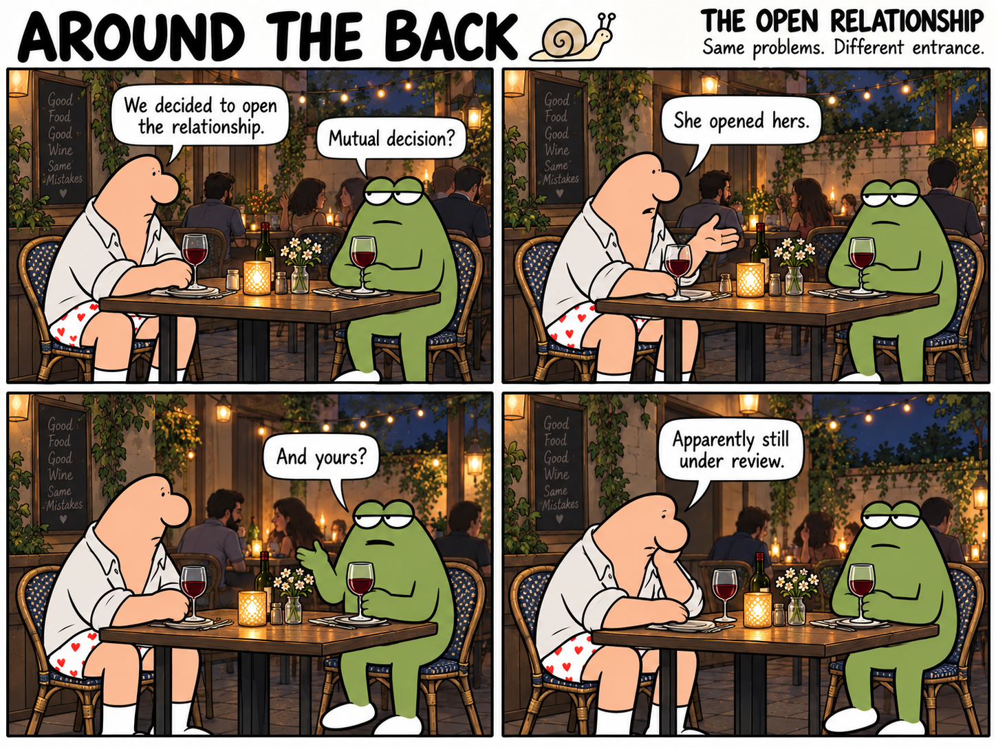 Four-panel Around the Back comic, The Open Relationship. Over dinner, the man explains the unequal terms of his open relationship.