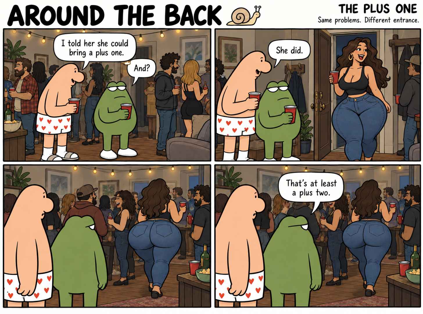 Four-panel Around the Back comic, The Plus One. At a house party, the frog offers his own accounting of a curvy guest’s plus one.