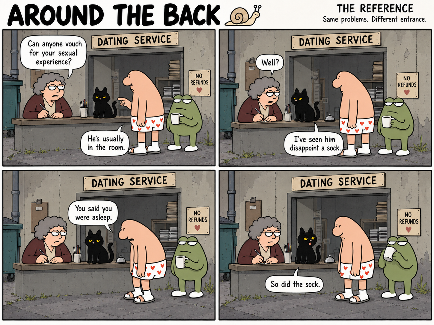 Four-panel comic at a dating-service window: a man asks his black cat to vouch for his sexual experience, with embarrassing results. A green frog watches with a coffee mug.