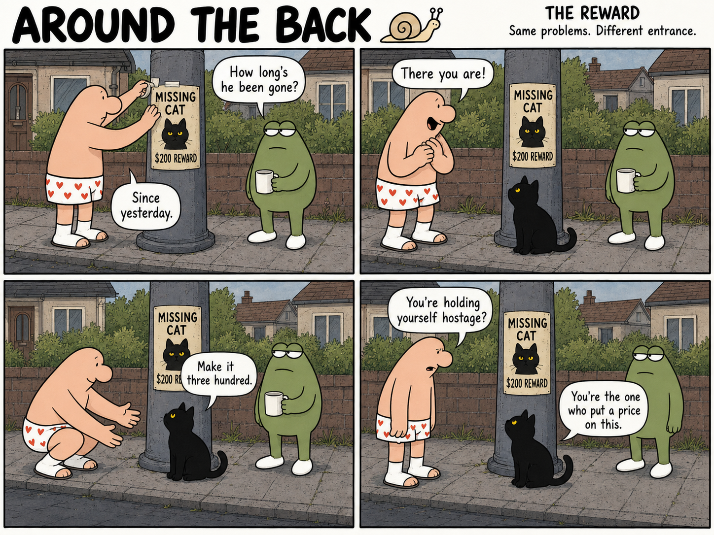 Four-panel comic: a man posts a $200 missing-cat reward on a neighborhood lamppost, only for his black cat to return and negotiate a higher price while a green frog watches.