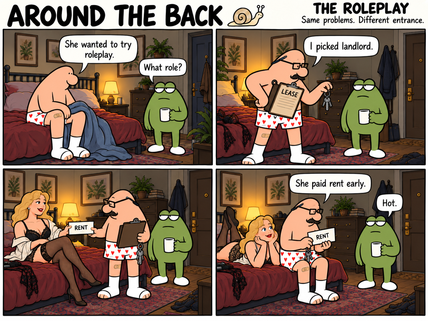 Four-panel Around the Back comic, The Roleplay. The man dresses as a landlord for roleplay and is delighted to receive rent early.
