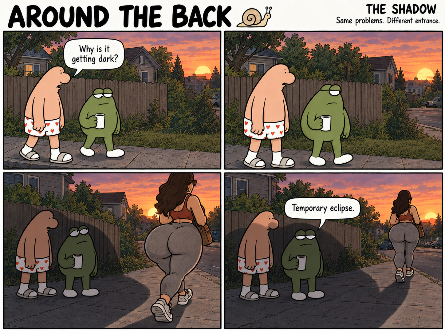 Four-panel Around the Back comic, The Shadow. A passing woman casts a large shadow over the man and frog on a sunset walk.