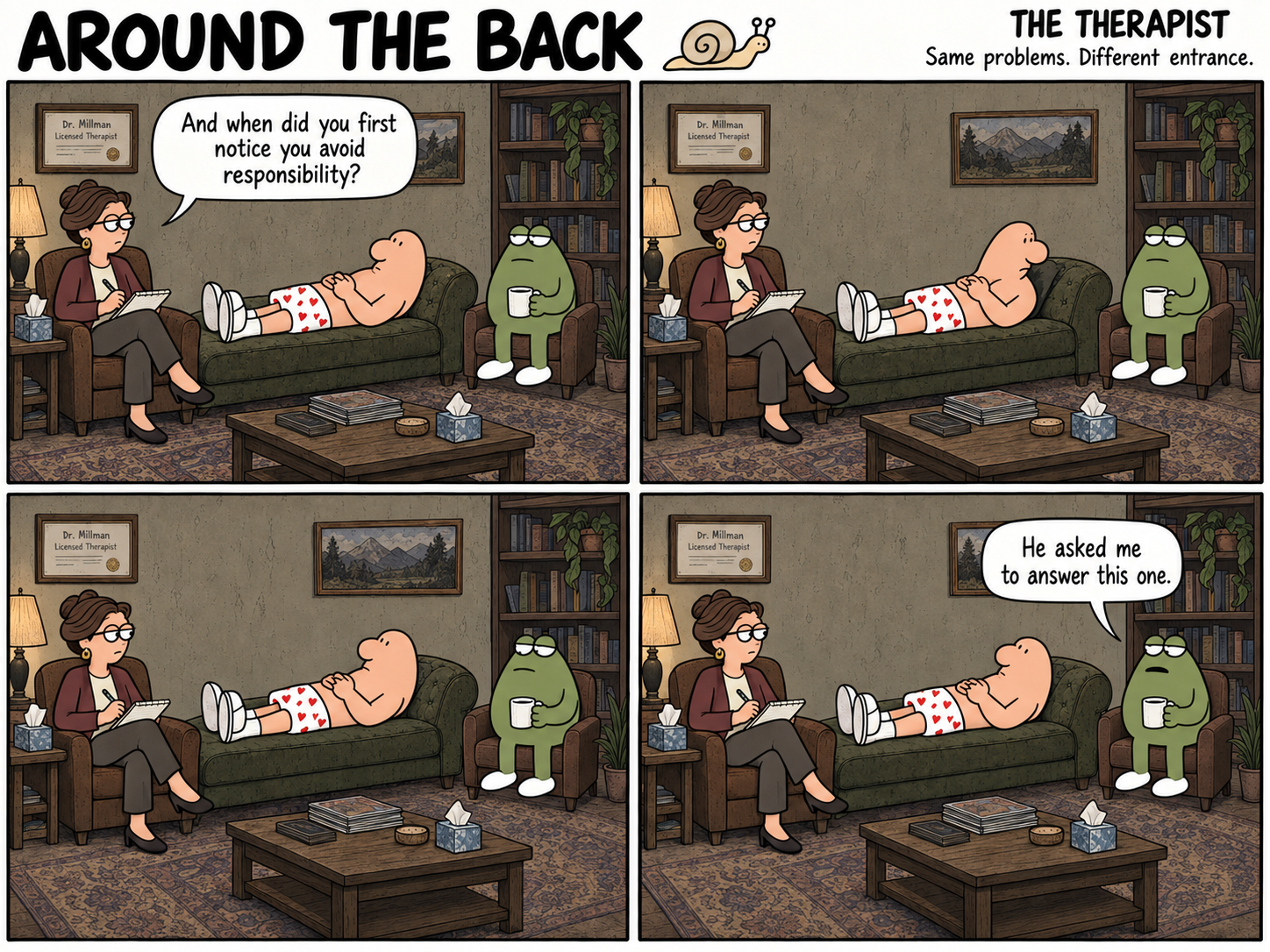 A therapist questions a man reclining on a couch, while his frog companion waits with coffee.