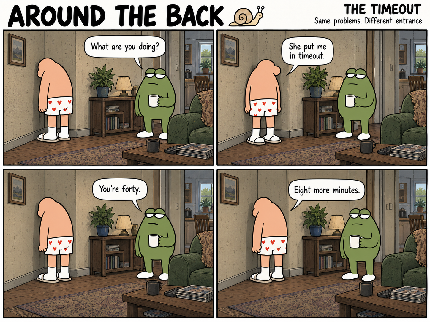Four-panel Around the Back comic, The Timeout. A grown man stands in the living room corner while his frog friend questions his timeout.