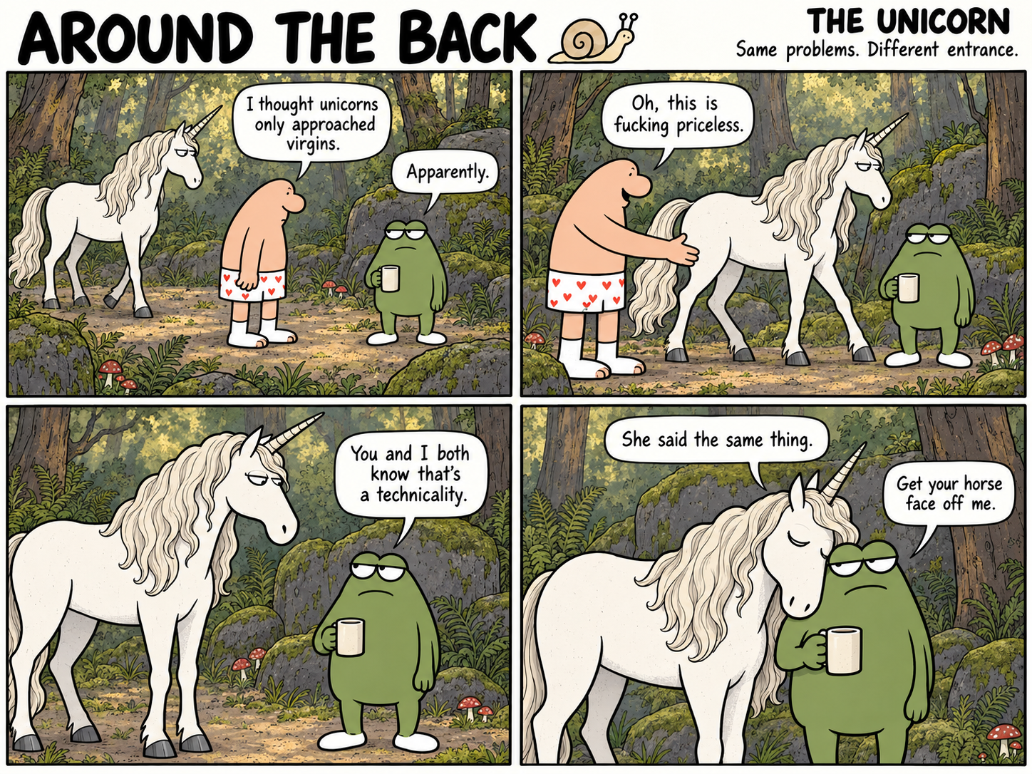 Four-panel comic in an enchanted woodland: a unicorn walks past a man toward a green frog, then affectionately rests its head against the irritated frog.