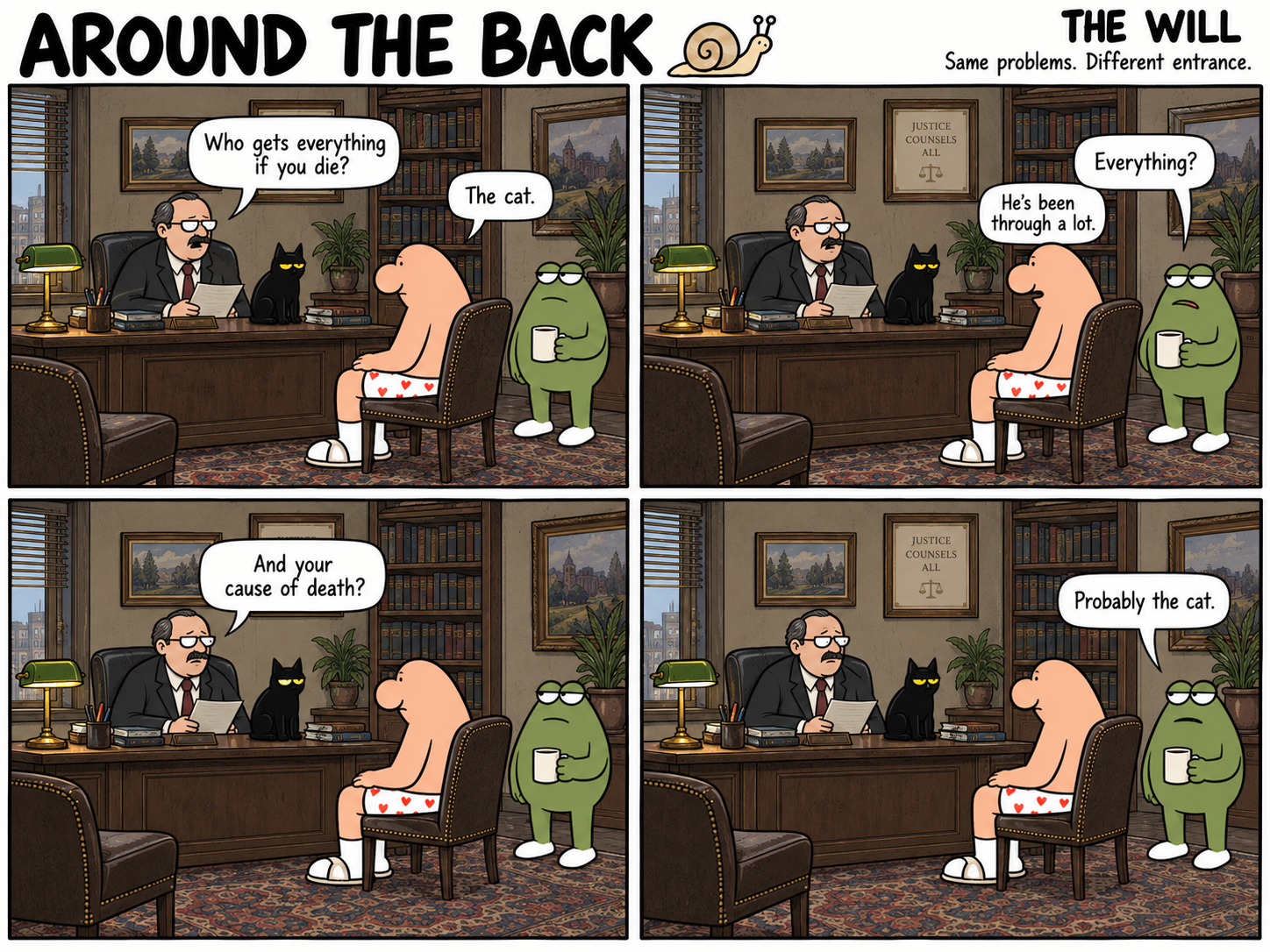 A man names his cat as beneficiary in a lawyer’s office while the frog questions the arrangement.