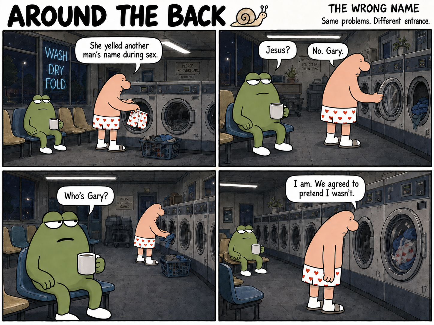 Four-panel comic in a laundromat at night: a man washing heart-patterned boxers tells a green frog about an awkward encounter.